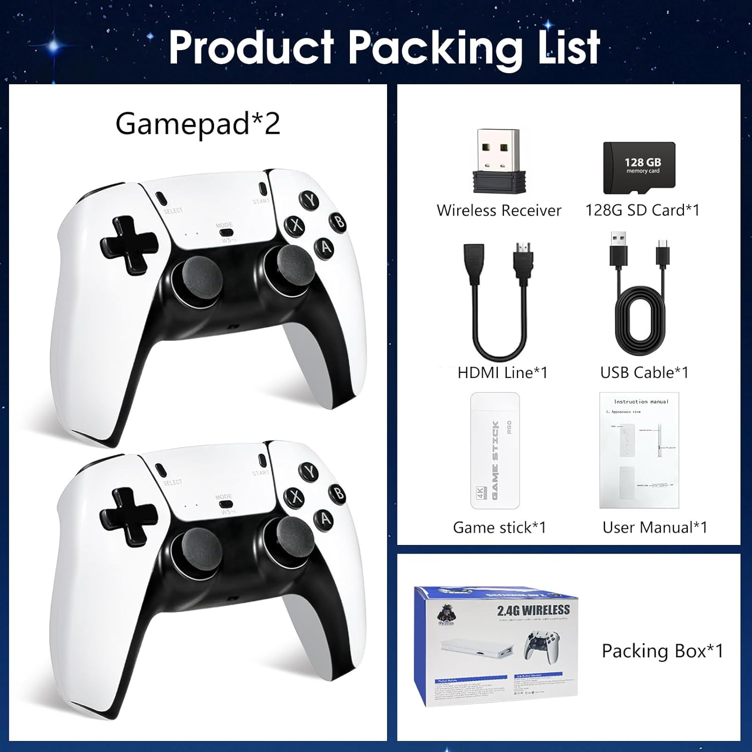 2026 New Retro Game Console,40000+Games and 23 Emulators, with Dual 2.4G Wireless Controllers, Plug and Play 4K HD HDMI TV Game Stick (128GB) White